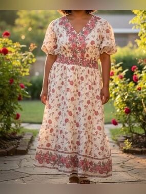 LEA Floral V-Neck Maxi Dress Cream Rose Boho Cottagecore 2X Flowy Cotton
